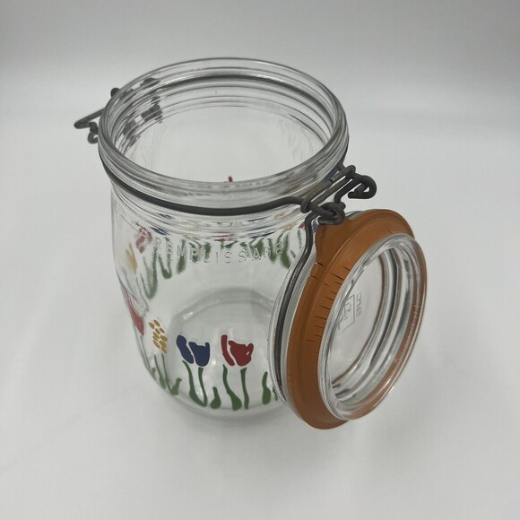 1 L Arc France Glass Canister Jar Tulip Floral Hinged Lid - Picture 8 of 9